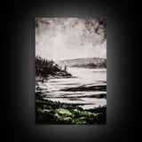 Misty Mountain View, Black and White Landscape, Minimalist Nature Wall Art, Bedroom Decor, Framed Canvas Print, Neutral Aesthetic