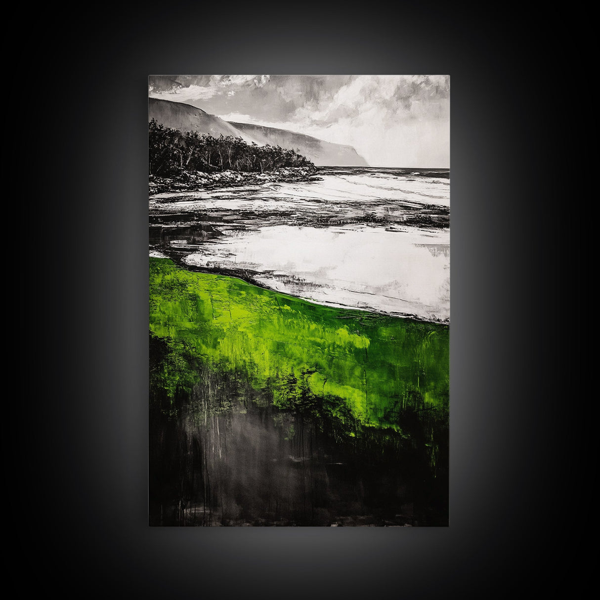 Green Coastal Hills, Ocean Shoreline Painting, Scenic Landscape Art, Office Wall Decor, Nature Inspired Print, Framed Canvas Print