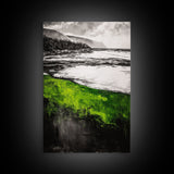 Green Coastal Hills, Ocean Shoreline Painting, Scenic Landscape Art, Office Wall Decor, Nature Inspired Print, Framed Canvas Print