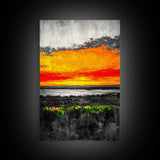 Fiery Sunset Glow, Dramatic Sky Painting, Vibrant Landscape Art, Living Room Decor, Bold Color Wall Art, Framed Canvas Print