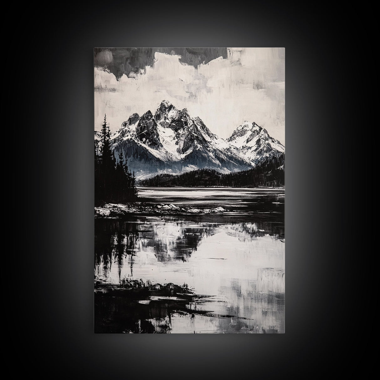 Serene Lake, Black and White Art, Nature Wall Decor, Minimalist Art, Wilderness Painting, Tranquil Wall Art, Modern Home Decor, Canvas Print