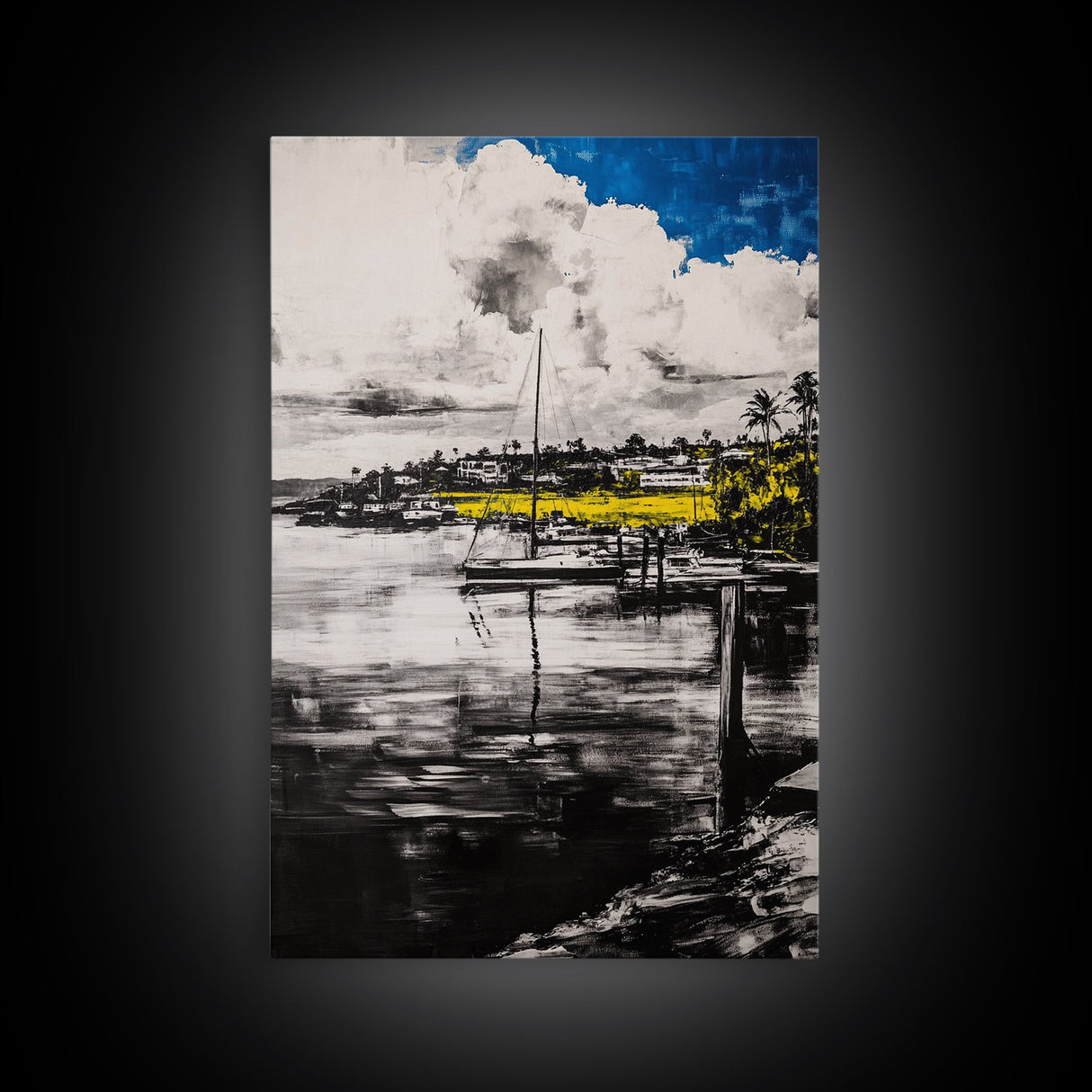 Sailboat Harbor, Nautical Art, Seaside Painting, Coastal Home Decor, Black and White Art, Ocean Wall Art, Elegant Living Room Art