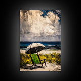Seaside Relaxation Art, Green Beach Chair, Black White Umbrella, Ocean Scene, Serene Wall Decor, Nautical Home Artwork, Canvas Print