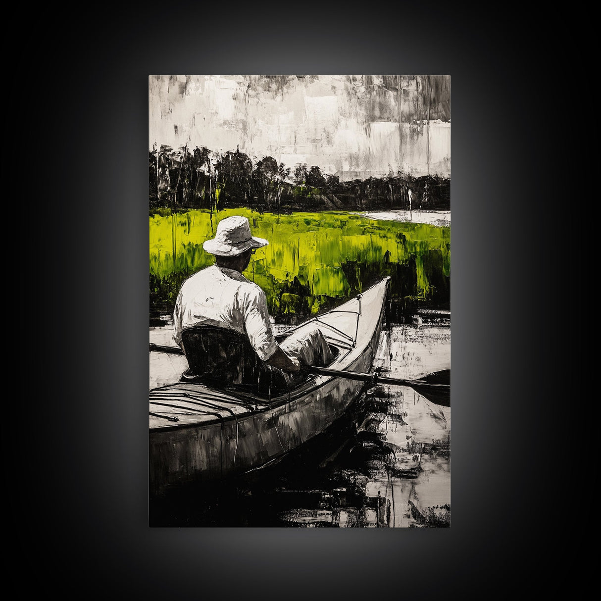 Kayaker River Scene, Black White Green Landscape, Peaceful Nature Art, Adventure Outdoor Wall Decor, Rustic Cabin Gift, Canvas Print