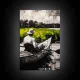 Kayaker River Scene, Black White Green Landscape, Peaceful Nature Art, Adventure Outdoor Wall Decor, Rustic Cabin Gift, Canvas Print