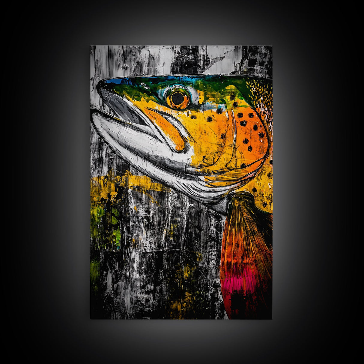 Vibrant Trout, Fishing Art, Rustic Wall Decor, Wildlife Art, Cabin Wall Art, Fisherman Gift, Framed Canvas Print, Nature Inspired Home