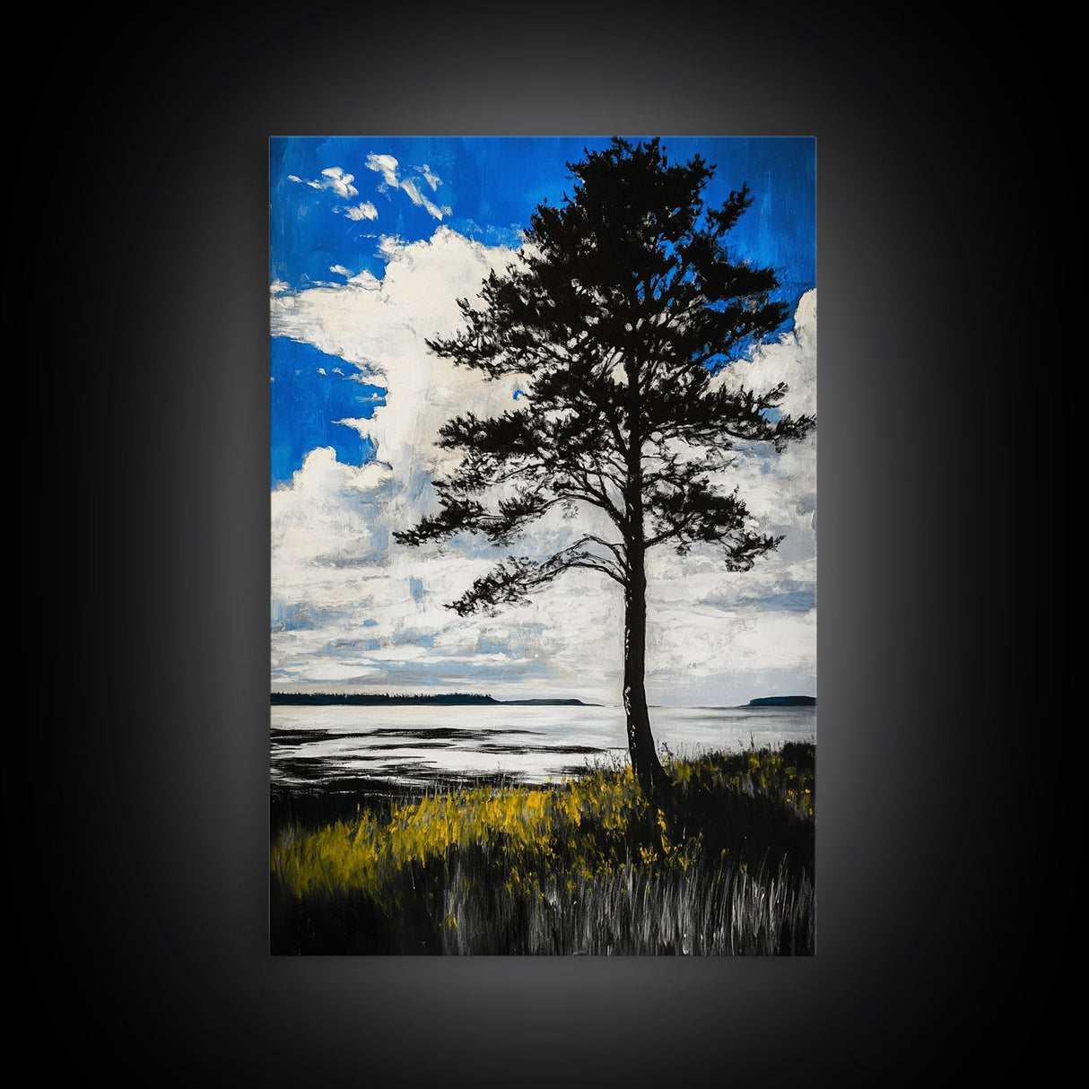 Lone Tree, Coastal Sunset, Blue Sky Painting, Black and White Landscape, Nature Art, Modern Wall Decor, Framed Canvas Print, Tranquil Mood