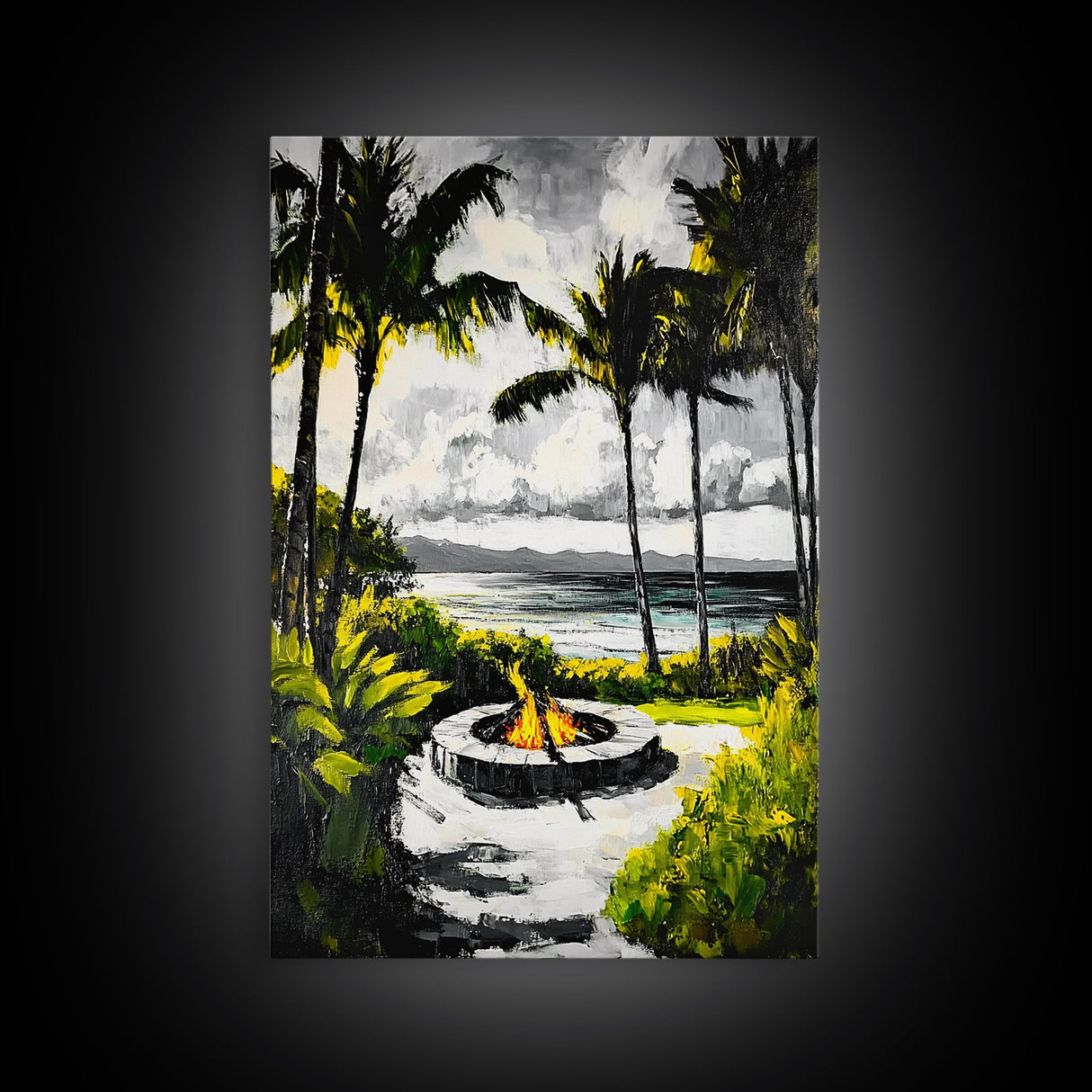 Palm Trees, Fire Pit, Coastal Escape, Beach House Decor, Black and White Art, Tropical Landscape, Canvas Print, Relaxing Wall Art
