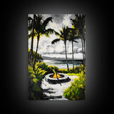 Palm Trees, Fire Pit, Coastal Escape, Beach House Decor, Black and White Art, Tropical Landscape, Canvas Print, Relaxing Wall Art