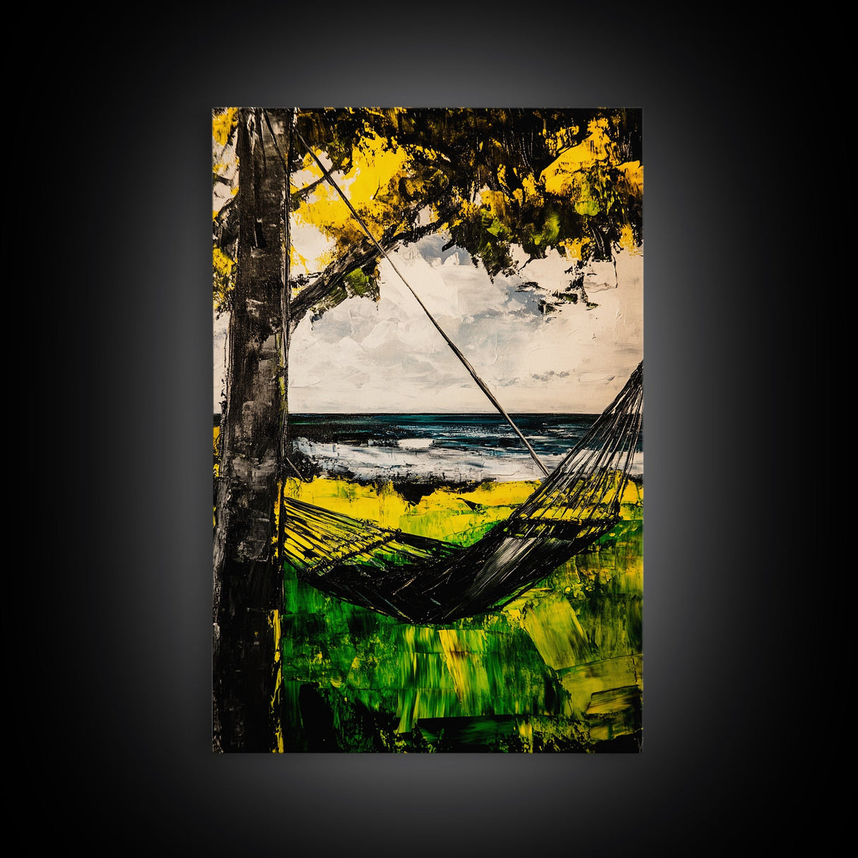 Hammock Breeze, Ocean View, Beach Retreat, Tropical Wall Art, Nature Decor, Black and White Painting, Framed Canvas Print, Coastal Vibes