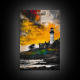 Sunset Lighthouse, Coastal Glow, Nautical Wall Art, Bold Seascape, Beach Home Decor, Warm Tones, Living Room, Canvas Print, Gift Idea