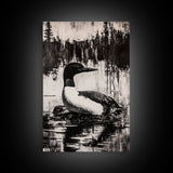Loon, Lake Reflection, Nature Wall Art, Framed Canvas Print, Black and White Art, Minimalist Decor, Cabin Wall Art, Rustic Home