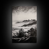 Misty Coast, Black White Art, Framed Canvas Print, Coastal Landscape, Foggy Ocean, Living Room Art, Nautical Decor, Monochrome Art