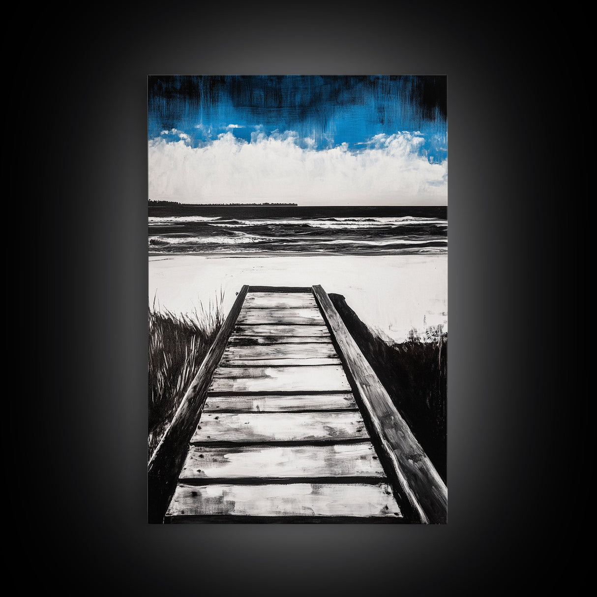 Wooden Path, Beach Walk, Ocean Waves, Framed Canvas Print, Coastal Decor, Minimalist Wall Art, Modern Living Room Art