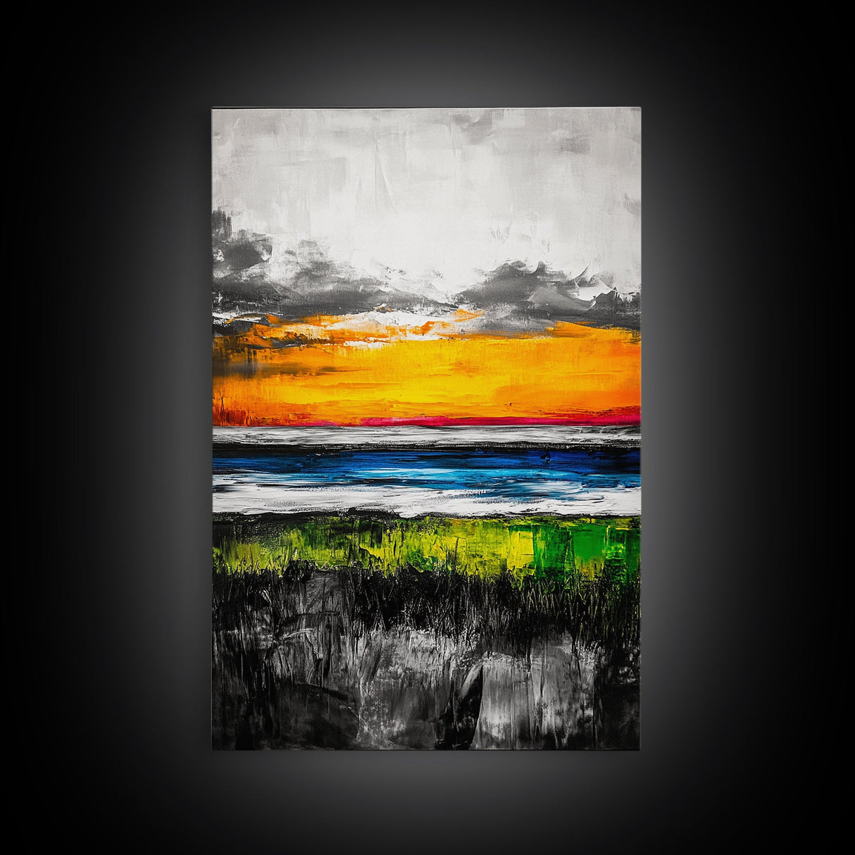 Vibrant Sunset, Ocean Horizon, Dramatic Sky, Framed Canvas Print, Coastal Home Decor, Living Room Wall Art, Abstract Art
