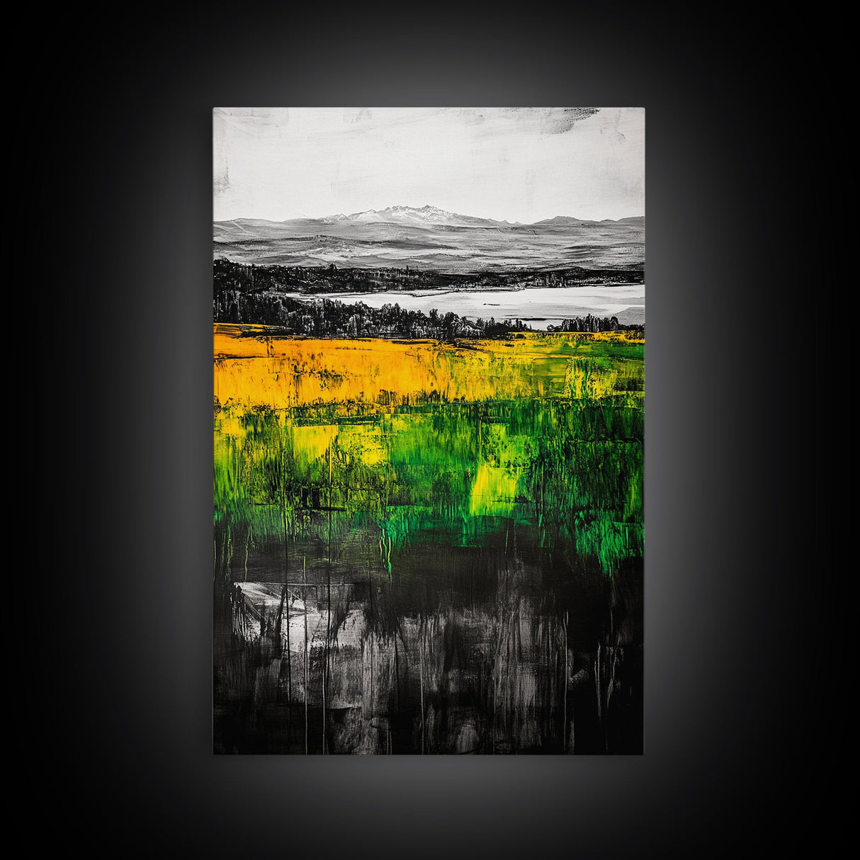 Mountain View, Golden Fields, Lakeside Horizon, Framed Canvas Print, Rustic Landscape, Nature Wall Art, Modern Farmhouse