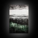 Misty Mountains, Moody Wall Art, Rustic Home Decor, Cabin Wall Art, Neutral Aesthetic, Black and White, Framed Canvas Print