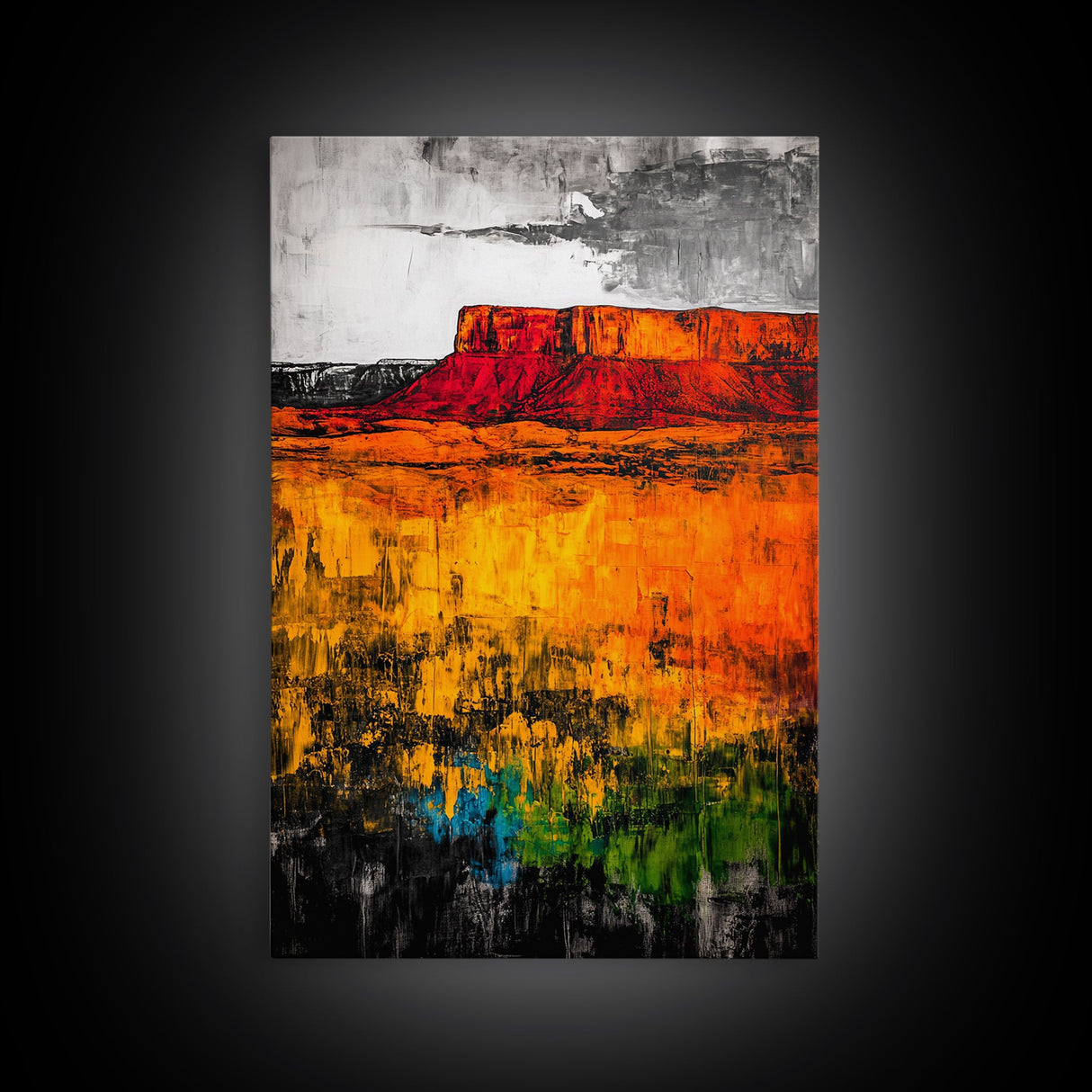 Desert Mesa, Western Landscape, Bold Color Wall Art, Sunset Painting, Southwest Decor, Bohemian Style, Framed Canvas Print