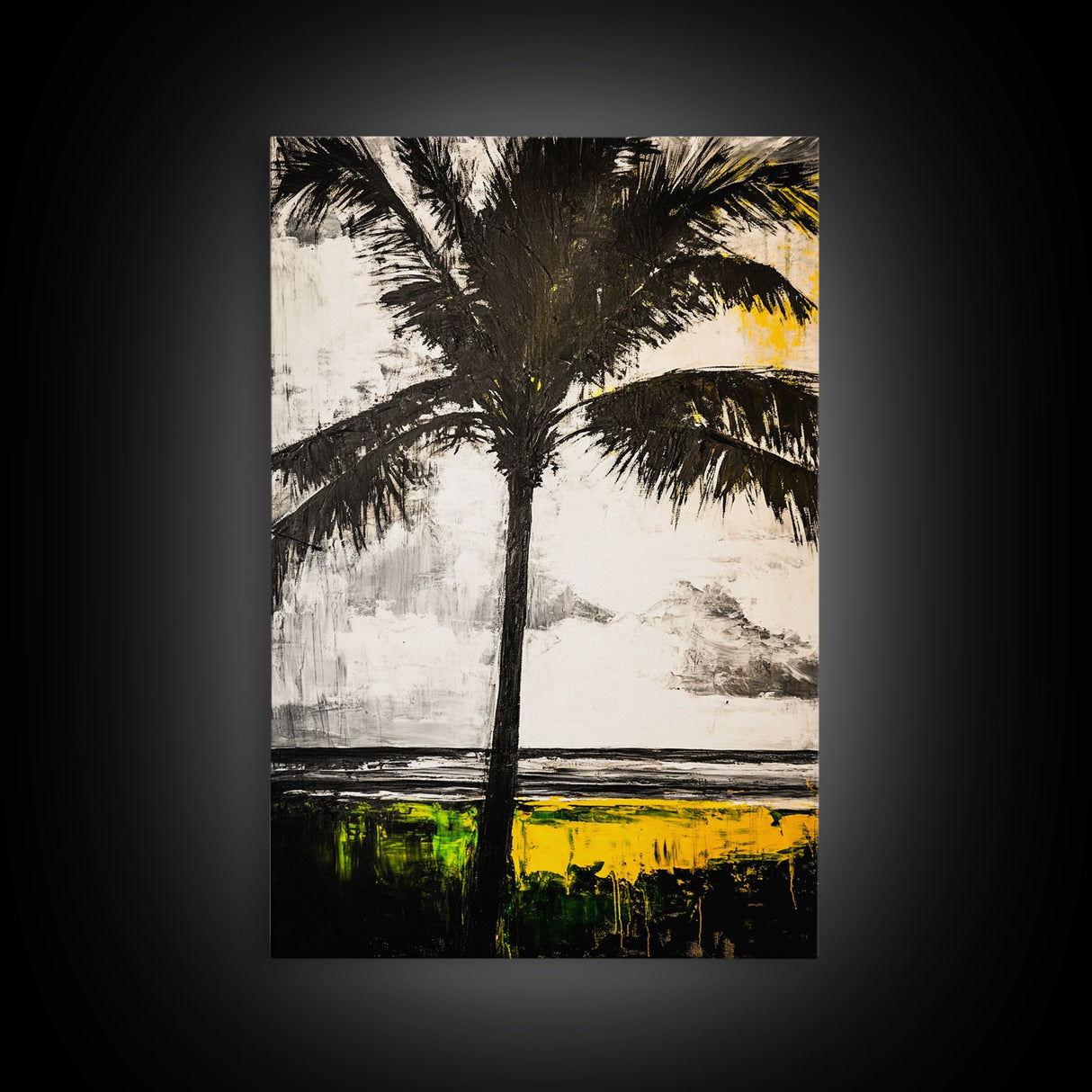 Palm Tree, Tropical Wall Art, Beach House Decor, Relaxing Coastal Print, Island Aesthetic, Monochrome Painting, Framed Canvas Print