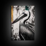 Pelican Portrait, wildlife wall art, coastal nature painting, black and white bird decor, modern beach house print, framed canvas print
