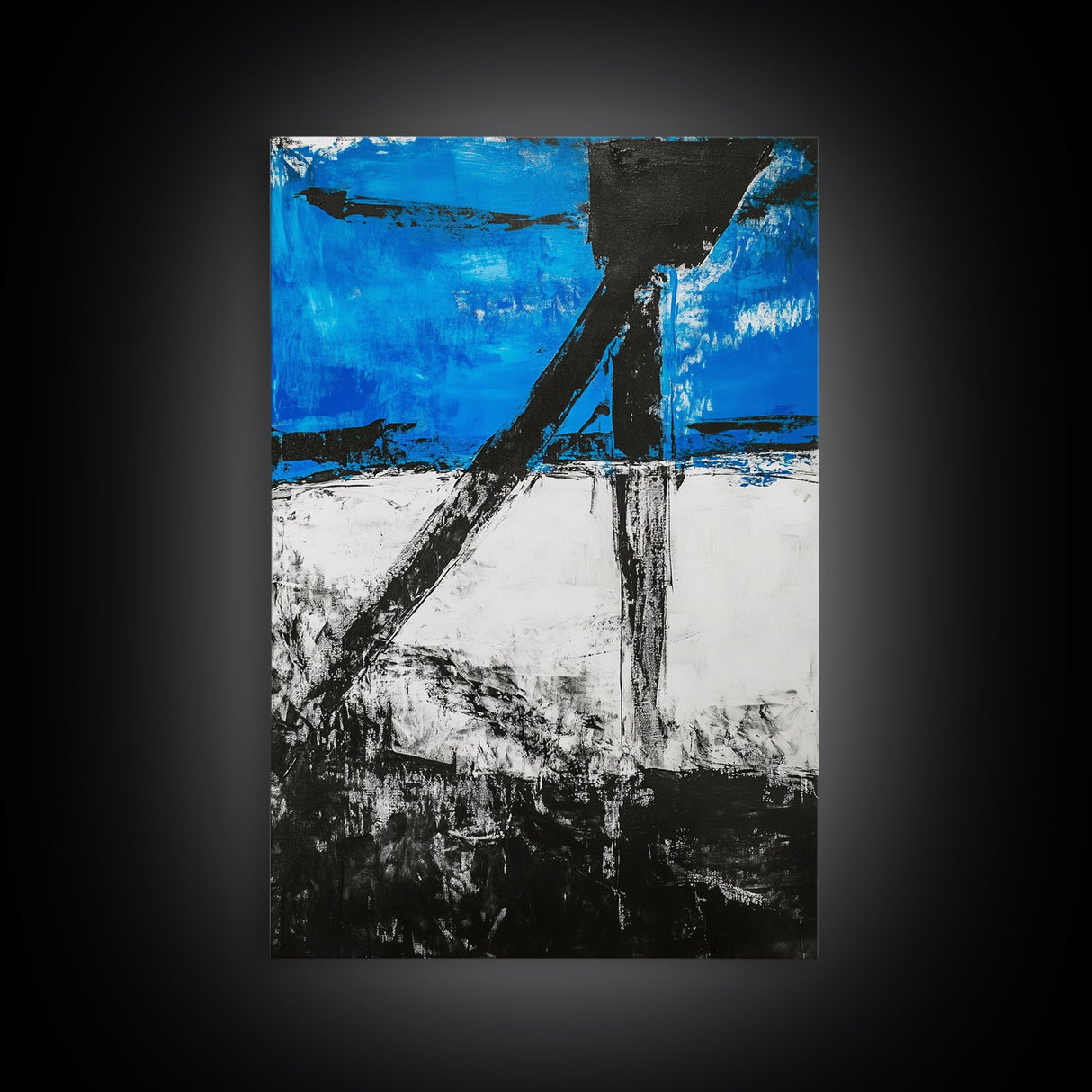 Abstract Blue Horizon, modern minimalist art, bold blue painting, industrial decor, expressive wall art, framed canvas print, office wall
