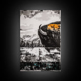 Buffalo Portrait, Western Art, Rustic Cabin Wall Decor, Wildlife Art, Black and White Animal Painting, Nature Scene, Canvas Print