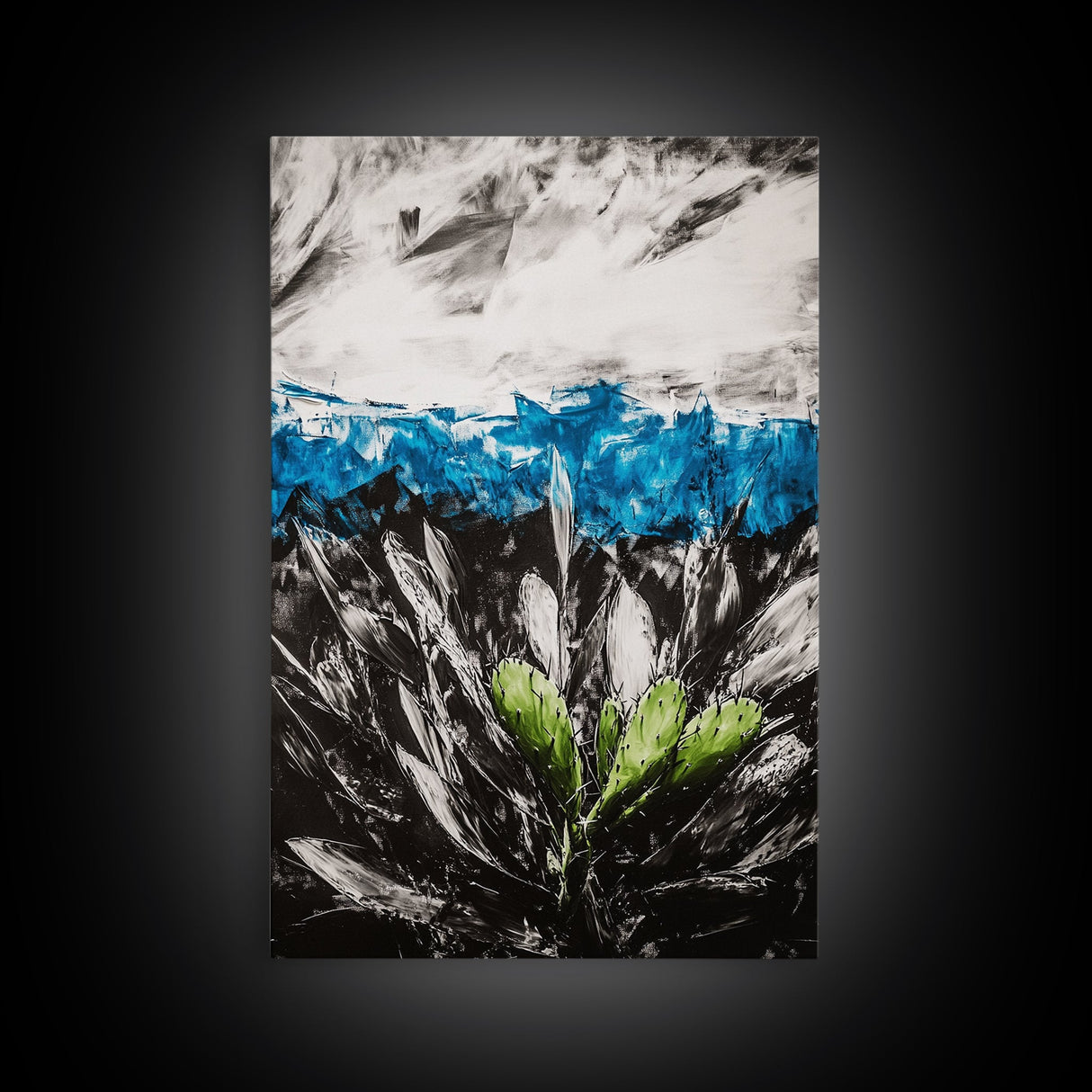 Desert Cactus Painting, Blue Sky Black White, Framed Canvas Print, Modern Southwest Art, Rustic Wall Decor, Minimalist Nature Art