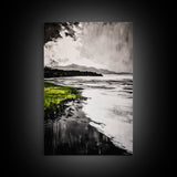 Moody Lake Scene, Black White Green, Framed Canvas Print, Nature Landscape Painting, Serene Wall Art, Contemporary Home Decor
