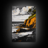 Ocean Cliffs, Coastal Landscape, Golden Tones, Black and White Seascape, Framed Canvas Print, Beach House Wall Art, Office Wall Decor