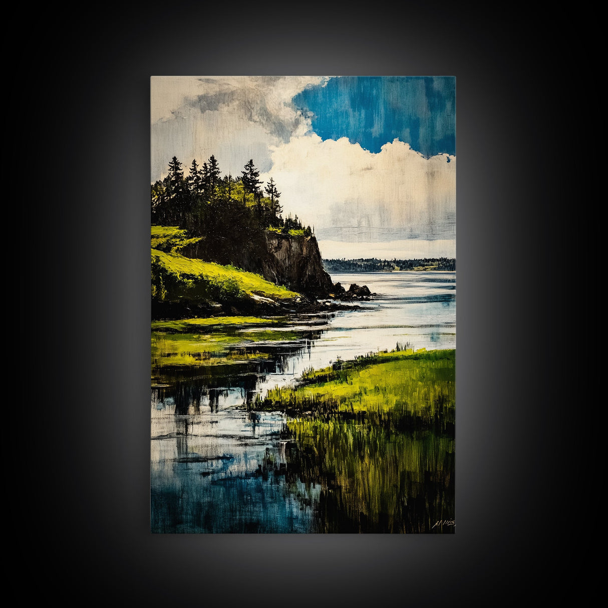 Lake Serenity, Peaceful Waters, Scenic Landscape, Nature Wall Art, Vibrant Green and Blue, Framed Canvas Print, Relaxing Home Decor