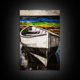 Coastal Rowboat, Black and White Boat Painting, Nautical Seascape Art, Rustic Beach House Decor, Framed Canvas Print, Bedroom Art
