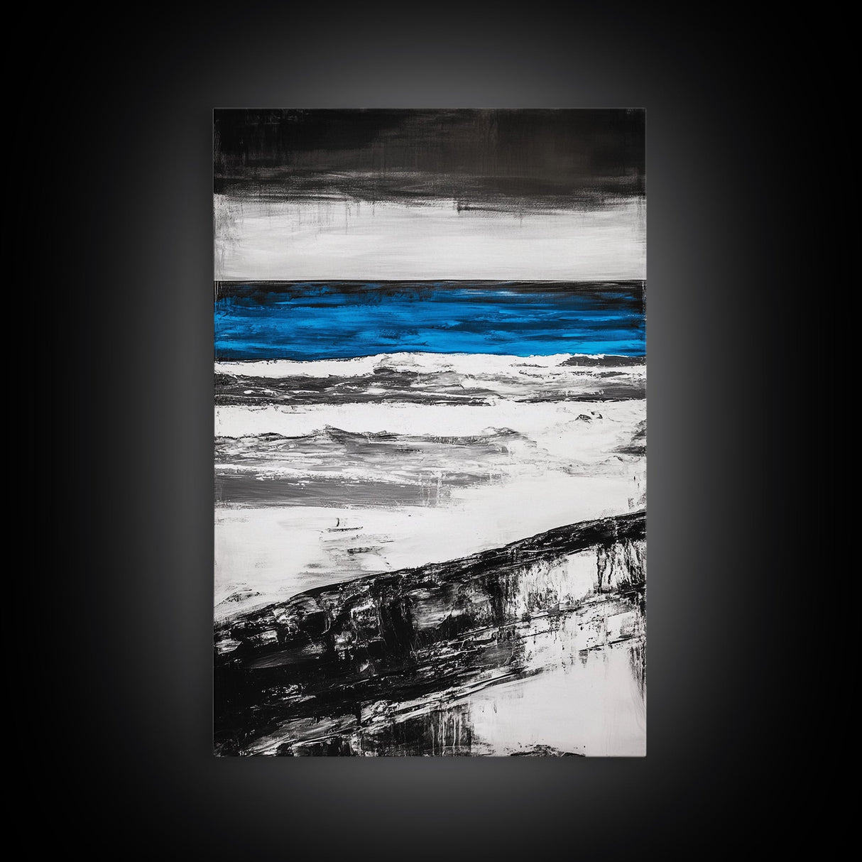 Ocean Horizon, Minimalist Seascape Painting, Black White and Blue Coastal Art, Framed Canvas Print, Modern Living Room or Office Wall Decor