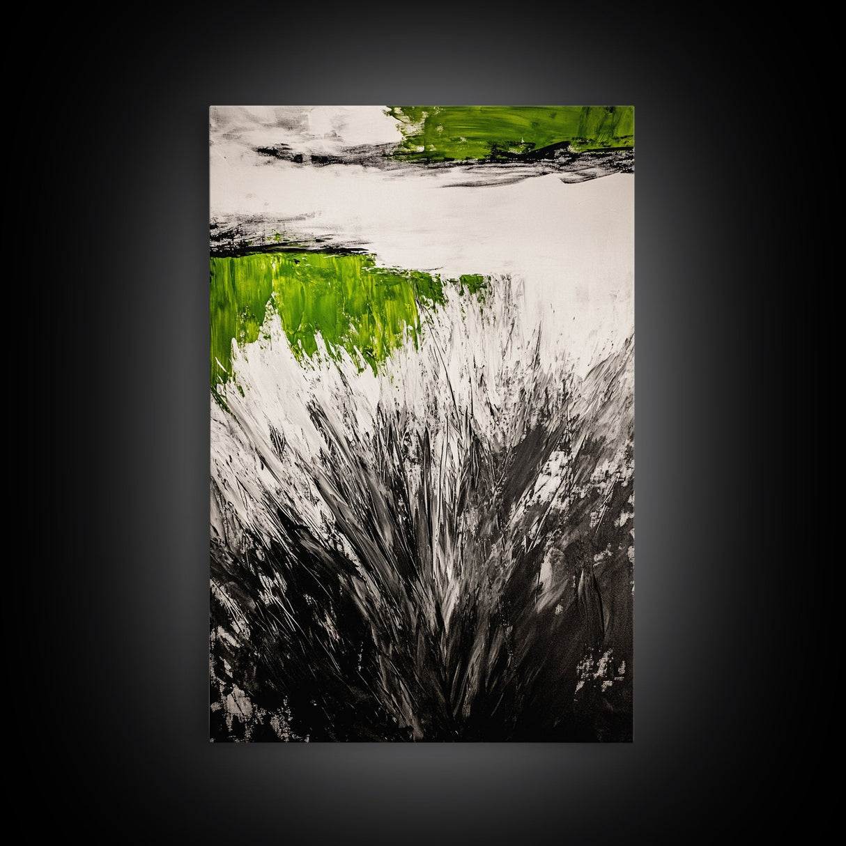Wild Grass, Black and White with Green Accents, Abstract Nature Painting, Framed Canvas Print, Rustic Farmhouse or Living Room Decor