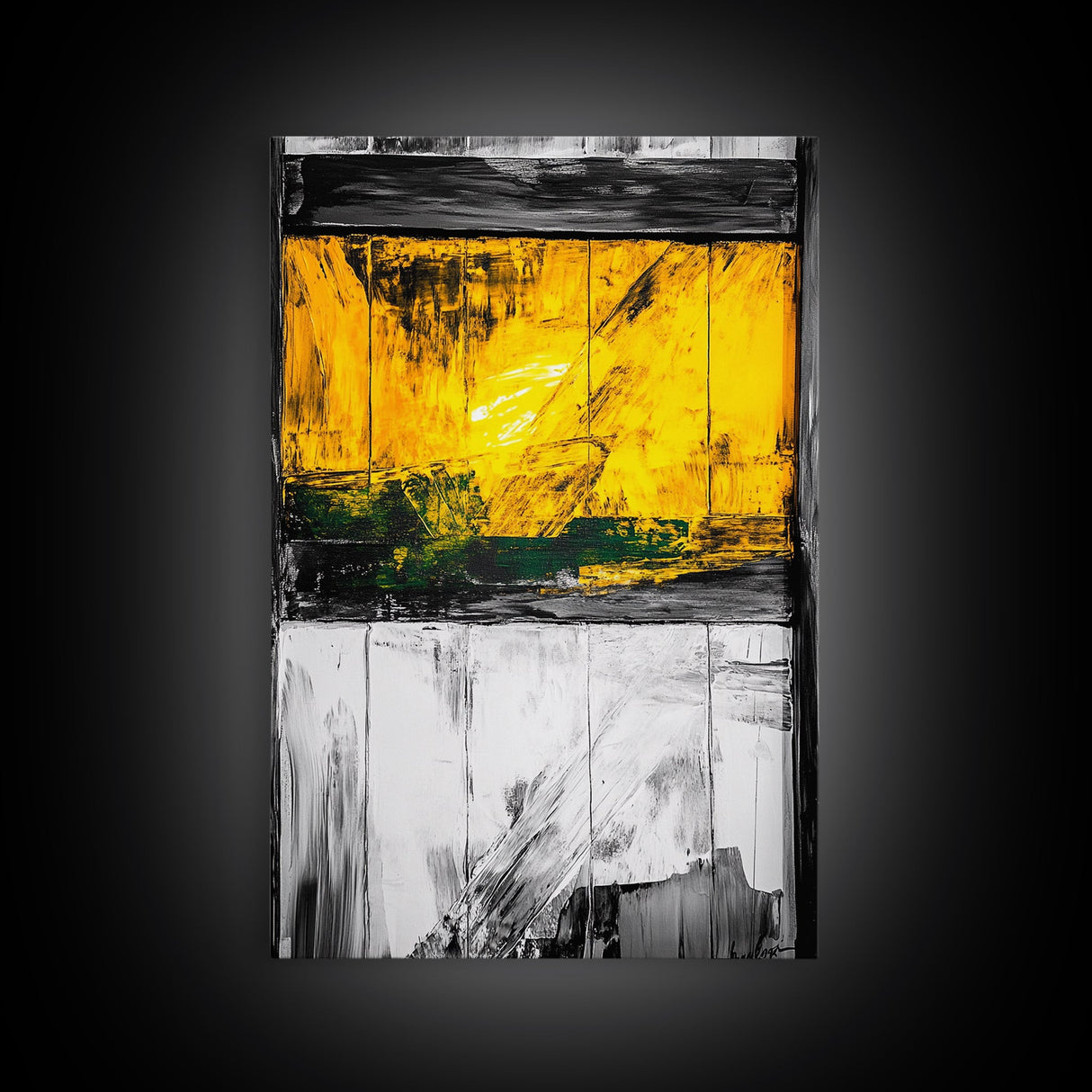 Golden Window, Abstract Rustic Wall Art, Black and White with Yellow Accents, Framed Canvas Print, Farmhouse or Entryway Wall Decor