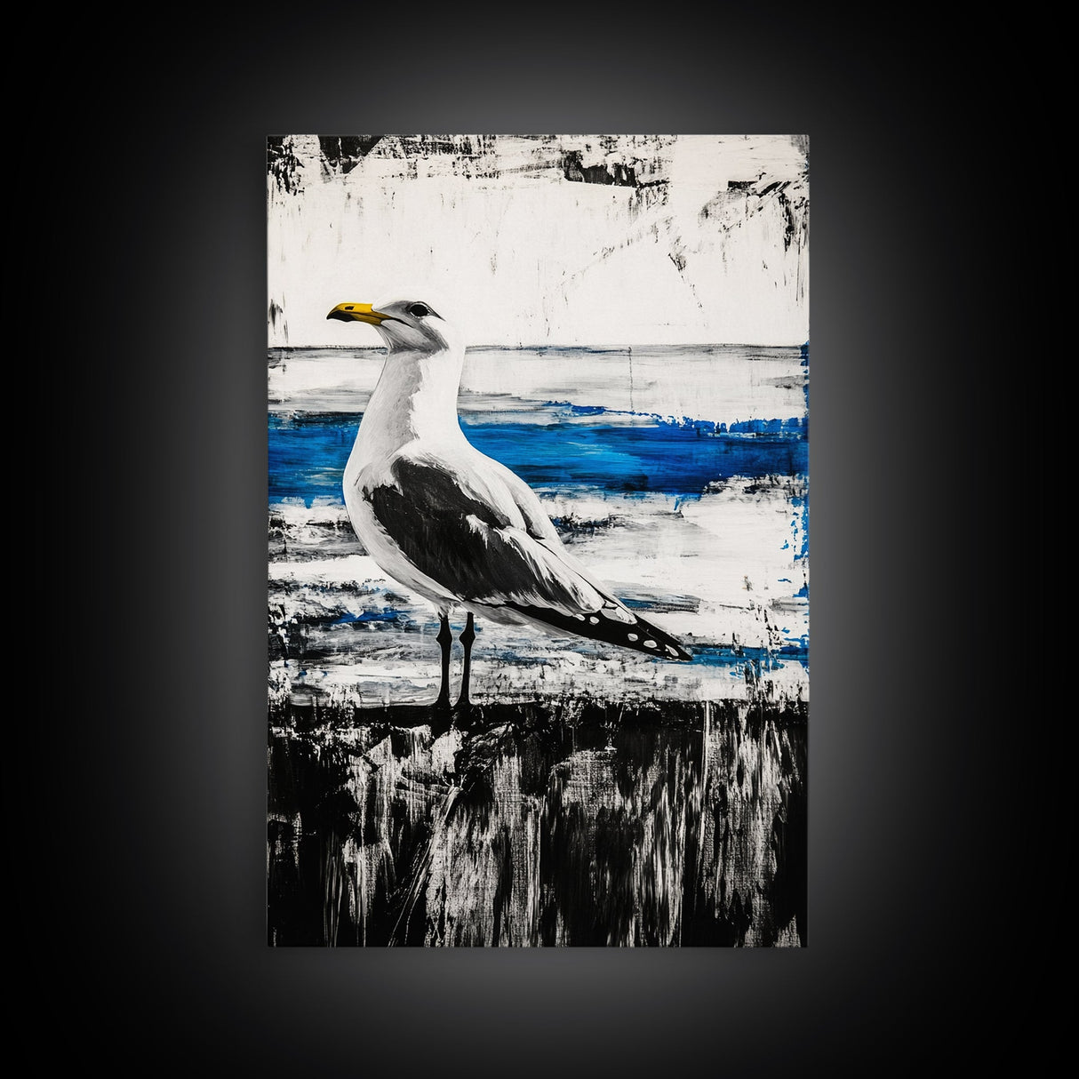 Seagull Painting, Coastal Bird Art, Ocean Wall Decor, Nautical Home Art, Blue and White Theme, Framed Canvas Print, Beach House Decor