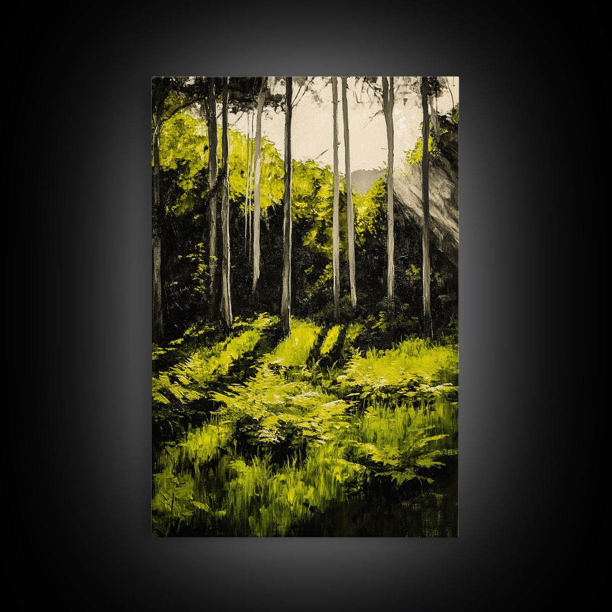 Forest Scene, Green Woodland Art, Sunlit Trees Print, Serene Nature Wall Decor, Cozy Cabin Art, Framed Canvas Print, Rustic Home Decor