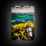 Coastal Lantern, Ocean Shore, Yellow Blue Art, Framed Canvas Print, Nautical Wall Art, Beach House Decor, Rustic Modern Art