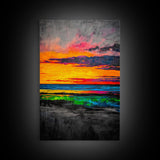Sunset Glow, Vibrant Landscape, Nature Art, Framed Canvas Print, Dramatic Sky Painting, Fall Home Decor, Large Wall Art, Beach Scene
