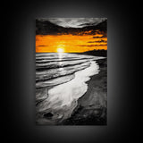 Golden Beach, Sunset Painting, Coastal Horizon, Framed Canvas Print, Seascape Art, Warm Fall Colors, Large Wall Art, Minimalist Style