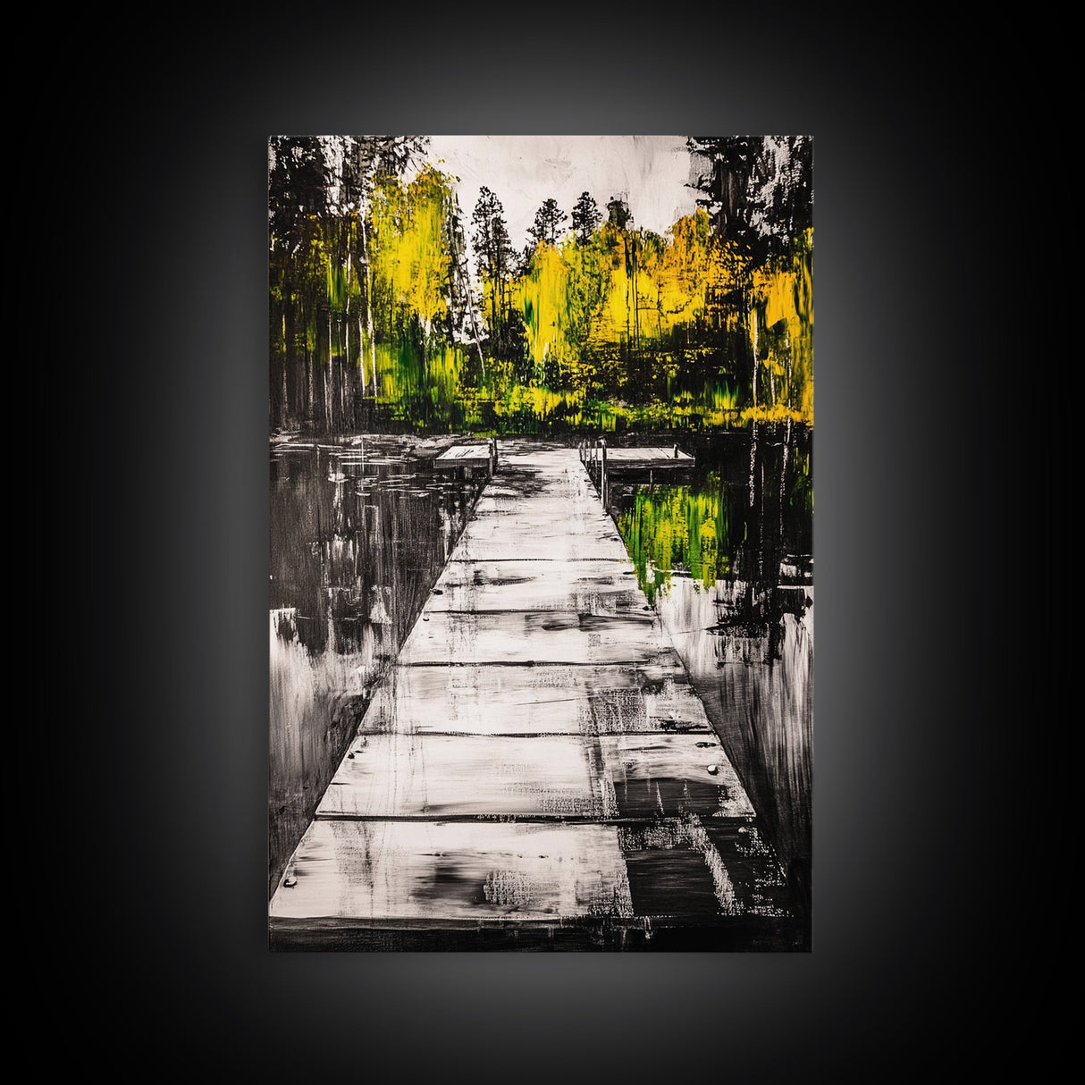 Wooden Dock View, Lake House Art, Nature Landscape Print, Rustic Wall Decor, Framed Canvas Print, Black and White Photography, Cabin Art