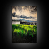 Lakeside Pier, Landscape Painting, Framed Canvas Print, Nature Wall Art, Blue Sky Art, Serene Lake View, Living Room Decor