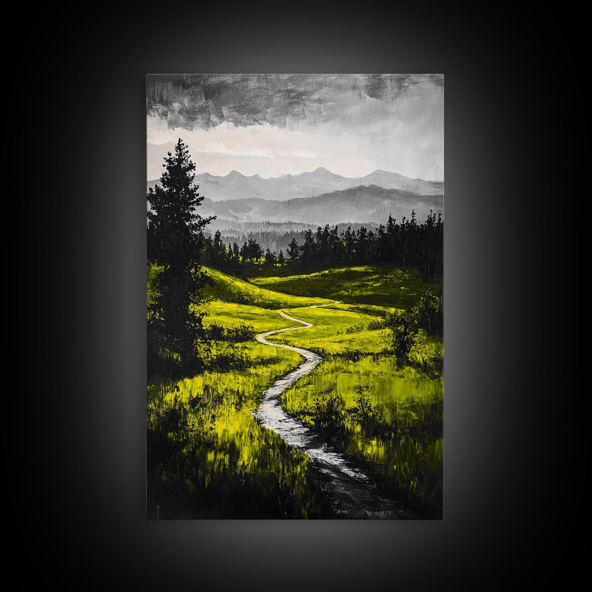 Winding Path, Mountain Meadow, Nature Landscape, Rustic Wall Art, Framed Canvas Print, Farmhouse Decor, Green Hills, Relaxing Art