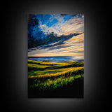 Sunset Over Hills, Coastal Fields, Dramatic Sky, Nature Wall Art, Framed Canvas Print, Vibrant Home Decor, Rolling Landscape, Ocean View