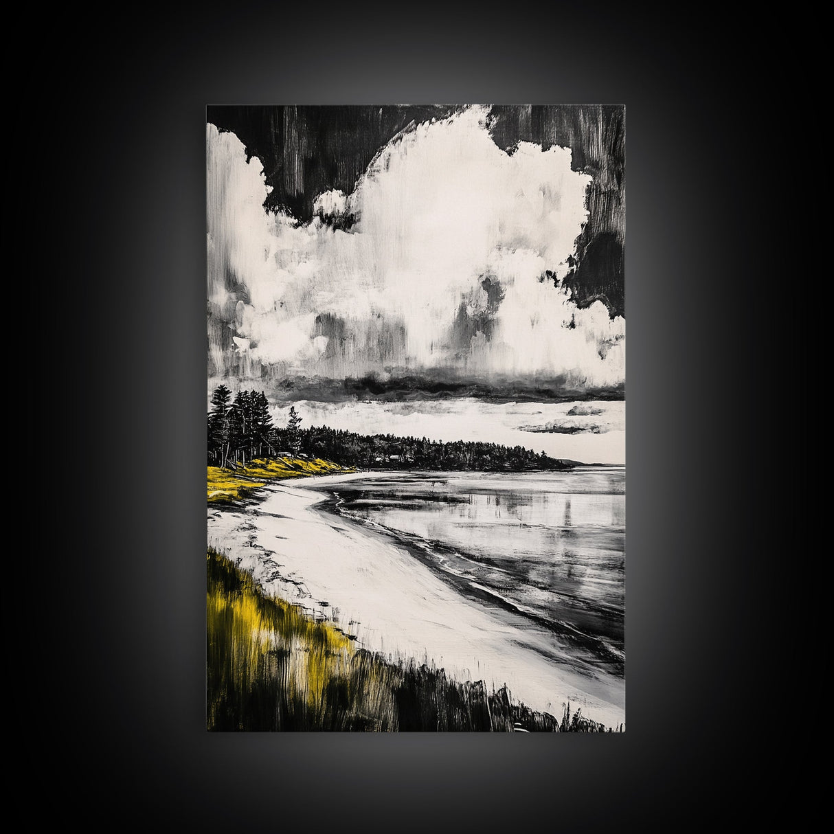 Tranquil Shoreline, Coastal Landscape, Framed Canvas Print, Beach House Wall Art, Ocean View, Minimalist Seascape, Living Room Accent