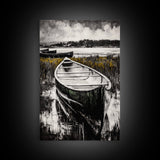Canoe on Water, Lakeside Reflection, Framed Canvas Print, Nature Art, Cabin Wall Decor, Black and White Landscape, Serene Home Accent