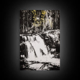 Waterfall Scene, Black and White Art, Forest Wall Decor, Cabin Aesthetic, Adventure Landscape Print, Wilderness Gift, Canvas Print