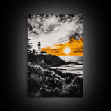 Lighthouse Sunset, Nautical Wall Art, Coastal Painting, Canvas Print, Orange and Black Artwork, Ocean Home Decor, Beach House Design