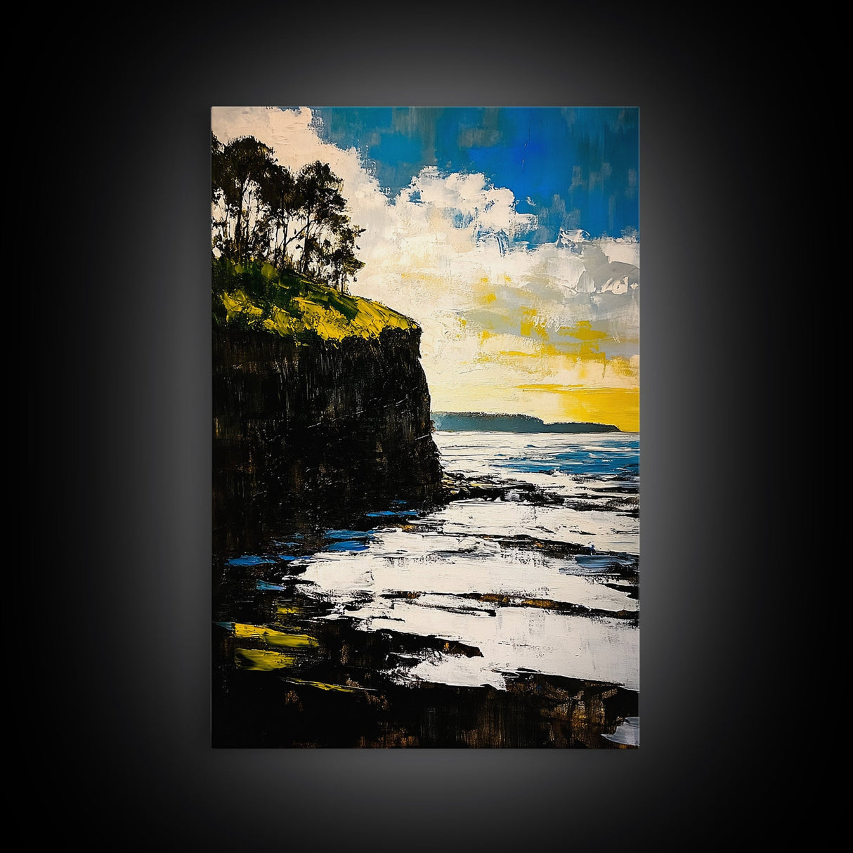 Dramatic Seascape, Cliffside View, Blue and Yellow Art, Canvas Print, Coastal Wall Decor, Beach House Artwork, Contemporary Style
