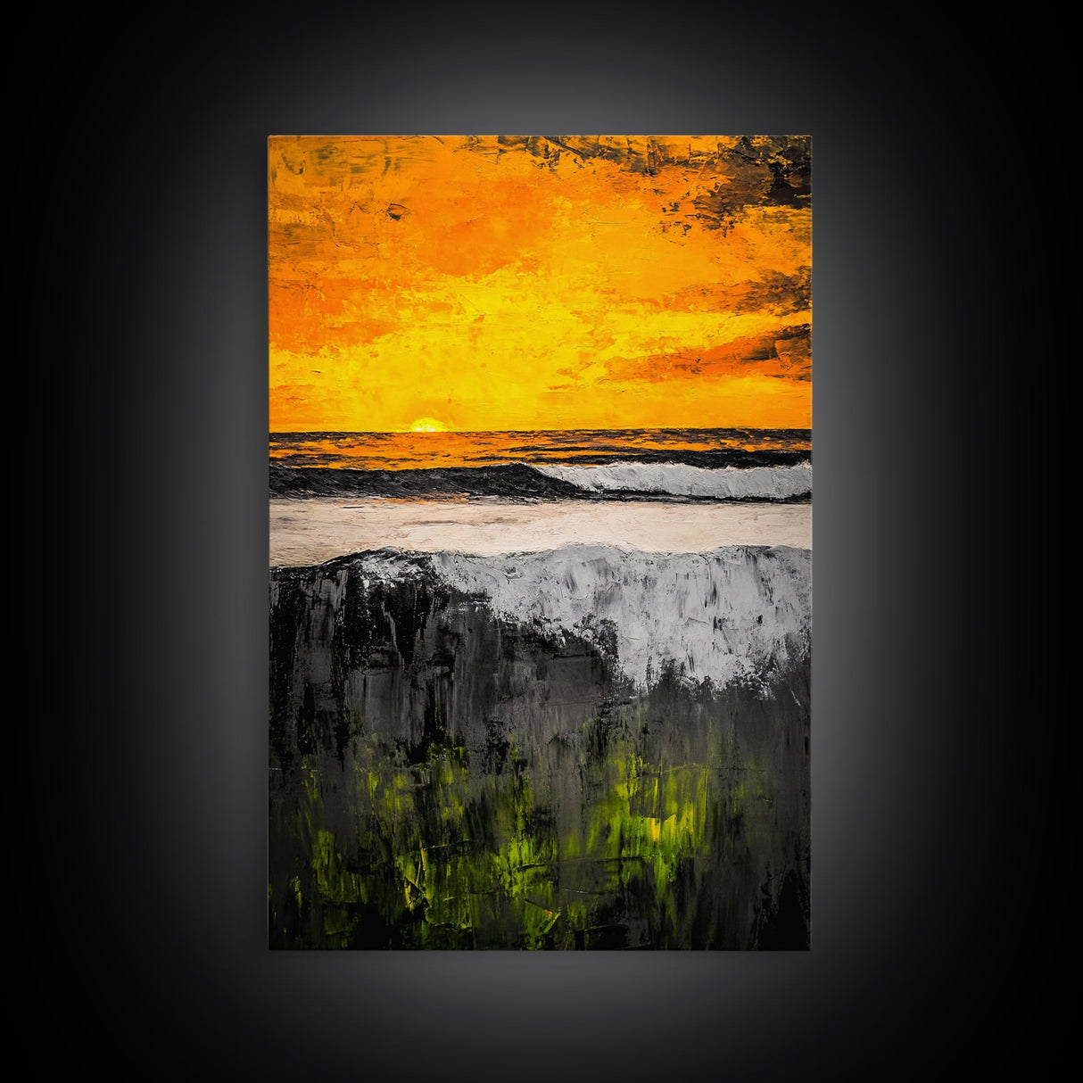 Fiery Sunset, Ocean Waves, Golden Sky, Framed Canvas Print, Tropical Beach Art, Coastal Decor, Living Room Wall Art, Bold Colors