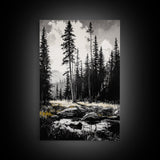 Forest Landscape Print, Black and White Tree Art, Cabin Wall Decor, Nature Inspired Art, Minimalist Scene, Framed Canvas Print